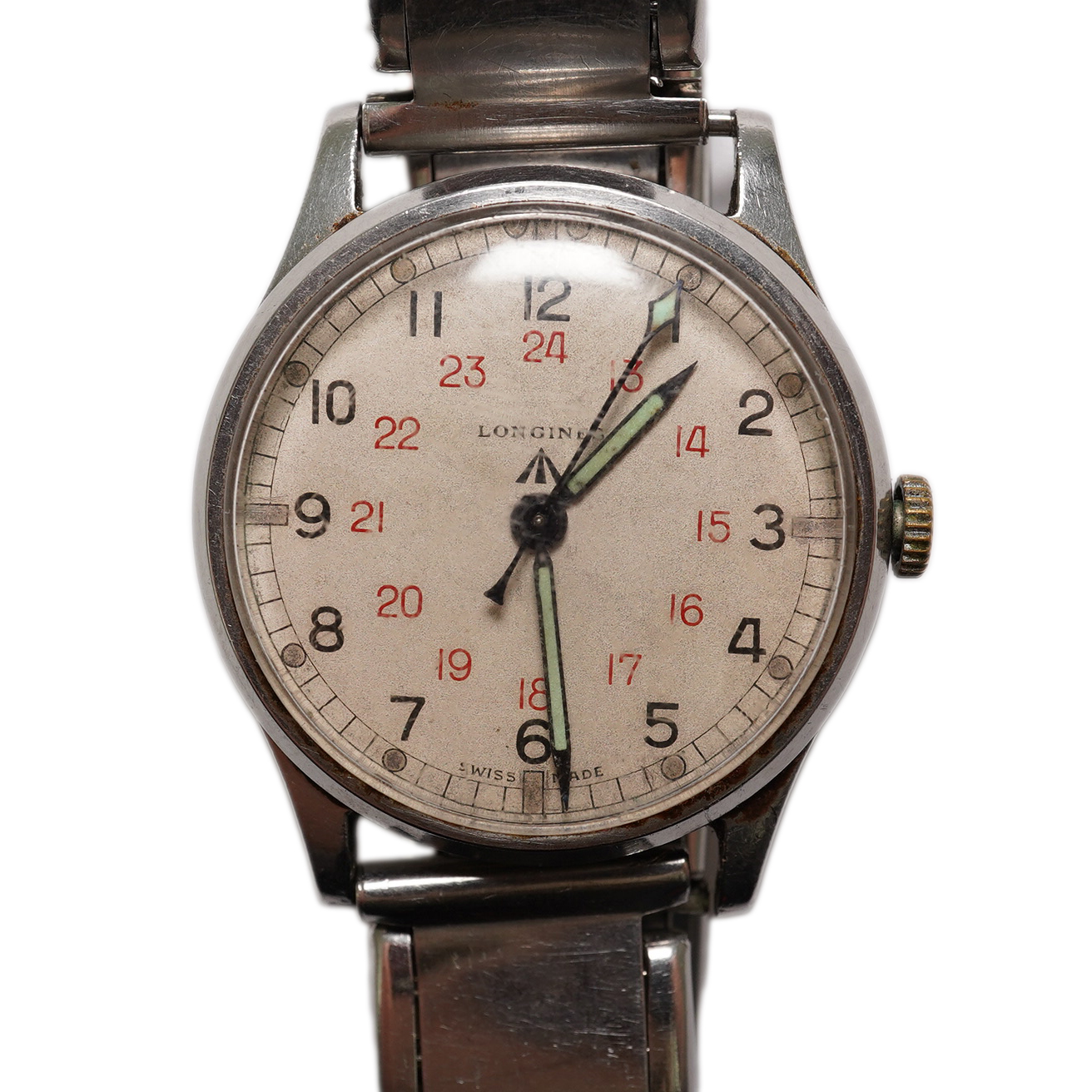 A gentleman's 1940's stainless steel Longines military issue manual wind wrist watch